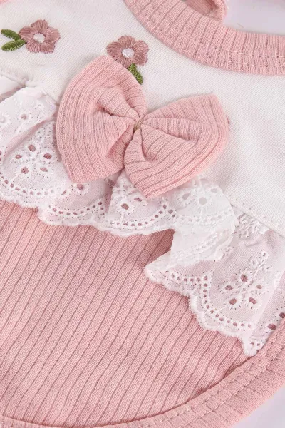 Pembe (0-3 Ay)Çiçek Nakışlı Fiyonklu  Kutulu  Yeni Doğan 5'li Kız Bebek Zıbın Seti 475346