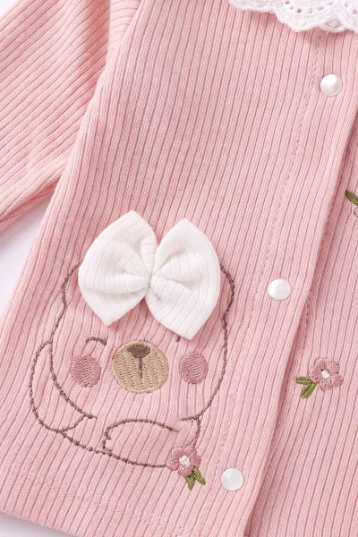 Pembe (0-3 Ay)Çiçek Nakışlı Fiyonklu  Kutulu  Yeni Doğan 5'li Kız Bebek Zıbın Seti 475346