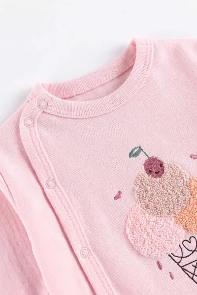 Pembe (0-3 Ay)Dondurma Nakışlı Patikli 3'lü Kız Bebek Takım 477285