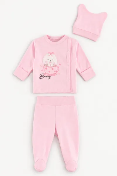 Pembe (0-3 Ay)Fiyonklu  Tavşan  Nakışlı Patikli  Kız Bebek 3'lü Zıbın Takım 477182