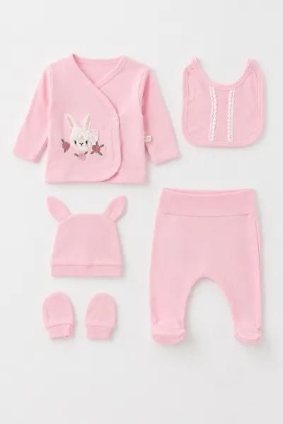 Pembe (0-3 Ay)Fiyonklu Tavşan Nakışlı Yandan Çıtlı Yenidoğan 5'li Kız Bebek Zıbın Seti 479274