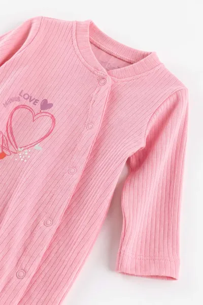 Pembe (0-3 Ay)Kalp Baskılı Fitilli Kumaş Patikli ve Şapkalı 2'li Kız Bebek Tulum 497906