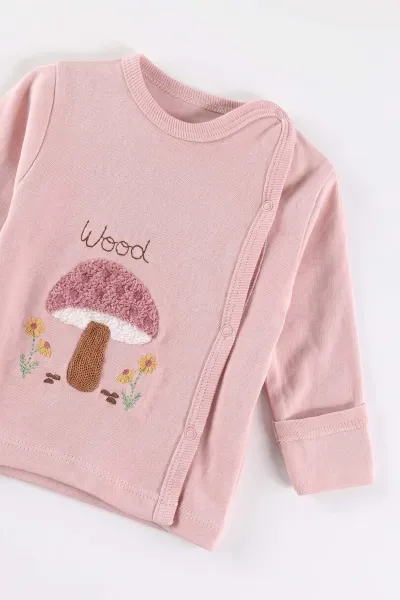 Pembe (0-3 Ay)Süzene Mantar Nakışlı Patikli Kız Bebek 3'lü Zıbın Takım 477164
