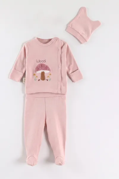 Pembe (0-3 Ay)Süzene Mantar Nakışlı Patikli Kız Bebek 3'lü Zıbın Takım 477164