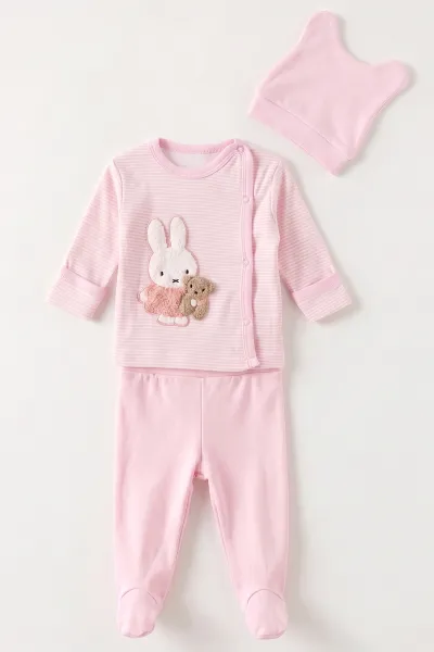 Pembe (0-3 Ay)Süzene Tavşan Nakışlı Çizgili Şapkalı Kız Bebek 3'lü Zıbın Takım 478018