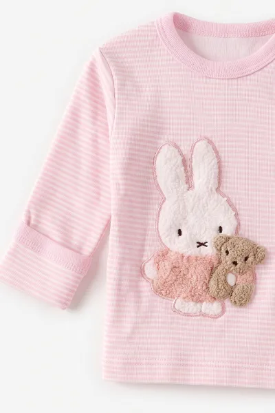 Pembe (0-3 Ay)Süzene Tavşan Nakışlı Çizgili Şapkalı Kız Bebek 3'lü Zıbın Takım 478018