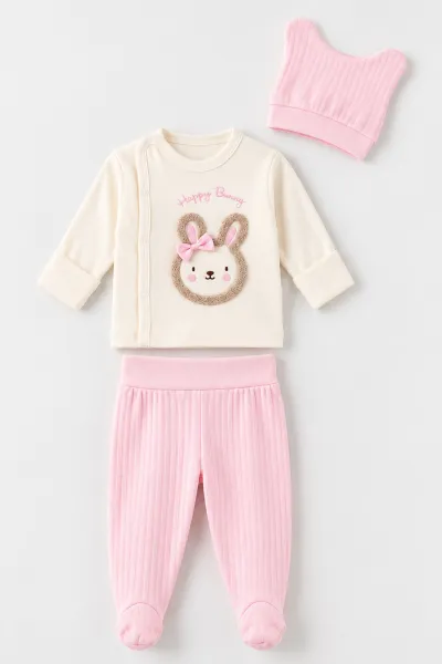 Pembe (0-3 Ay)Süzene Tokalı Tavşan  Nakışlı Patikli  Kız Bebek 3'lü Zıbın Takım 477179