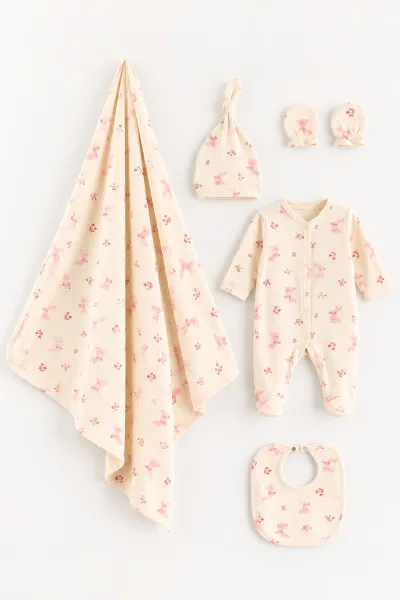Pembe (0-3 Ay)Tavşan  Baskılı Raporlu Battaniyeli Kız Bebek 5'li Set 487200