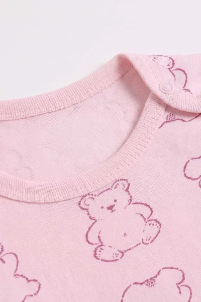 Pembe (0-3 Yaş) Ayı Desenli Uzun Kol Bebek &Çocuk Çıtçıtlı Badi 482383