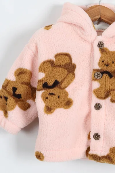 Pembe (0-3 Yaş) Ayıcık Baskılı Kapüşonlu Welsoft Polar Bebek-Çocuk Mont 389412