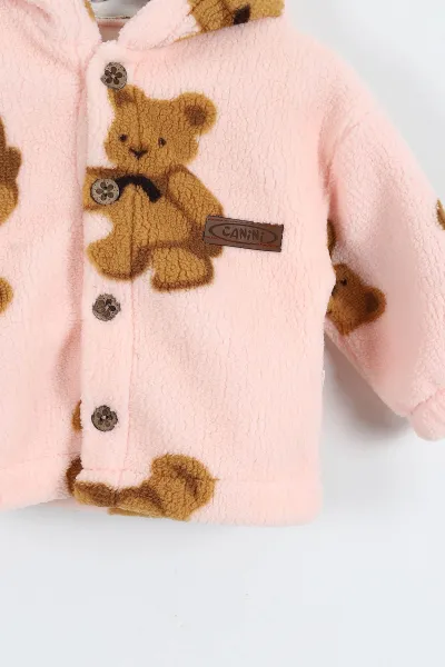 Pembe (0-3 Yaş) Ayıcık Baskılı Kapüşonlu Welsoft Polar Bebek-Çocuk Mont 389412