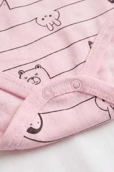 Pembe (0-3 Yaş) Çizgili Hayvan Desenli Uzun Kol Bebek &Çocuk Çıtçıtlı Badi 482405