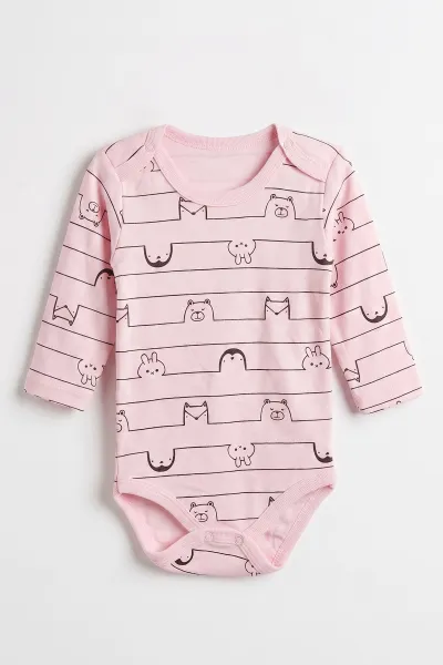Pembe (0-3 Yaş) Çizgili Hayvan Desenli Uzun Kol Bebek &Çocuk Çıtçıtlı Badi 482405