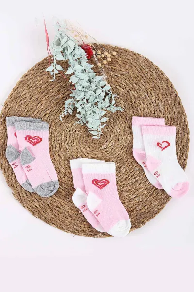 Pembe (0-3 Yaş) Kalp Desenli 3'lü Kız Çocuk Çorap 437565