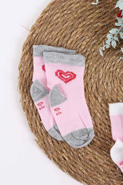 Pembe (0-3 Yaş) Kalp Desenli 3'lü Kız Çocuk Çorap 437565