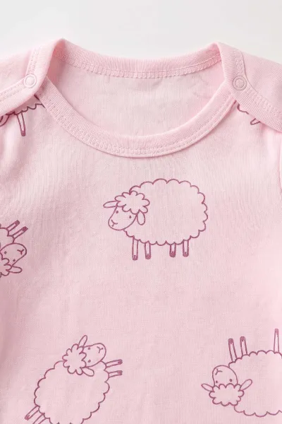 Pembe (0-3 Yaş)  Kuzu Baskılı Uzun Kol Bebek &Çocuk Çıtçıtlı Badi 490811