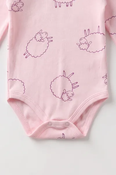 Pembe (0-3 Yaş)  Kuzu Baskılı Uzun Kol Bebek &Çocuk Çıtçıtlı Badi 490811