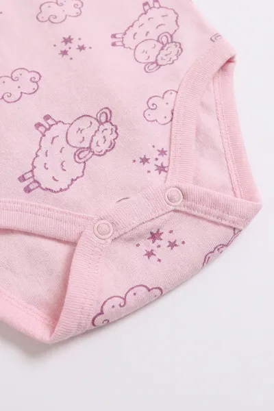 Pembe (0-3 Yaş) Kuzu Desenli Uzun Kol Bebek &Çocuk Çıtçıtlı Badi 482401