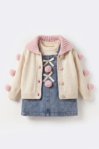 Pembe (0-3 Yaş) Ponponlu Hırkalı Kot Elbiseli Kız Bebek&Çocuk 3'lü Elbiseli Takım 485440
