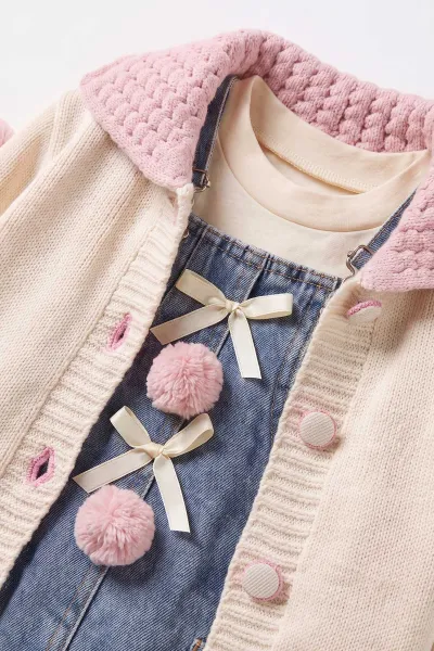 Pembe (0-3 Yaş) Ponponlu Hırkalı Kot Elbiseli Kız Bebek&Çocuk 3'lü Elbiseli Takım 485440