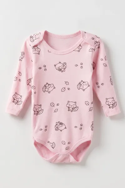 Pembe (0-3 Yaş)  Rakun Desenli Uzun Kol Penye  Bebek &Çocuk Çıtçıtlı Badi 488225