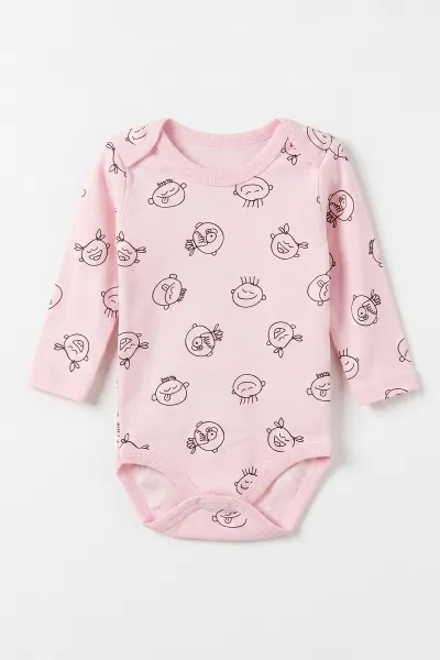 Pembe (0-3 Yaş)  Sevimli Surat Desenli Uzun Kol Bebek &Çocuk Çıtçıtlı Badi 482411
