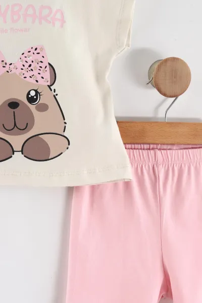 Pembe (0-4 Yaş) Capybara Baskılı Tişörtlü Şortlu Süprem Kız Çocuk Yazlık Takım 461129