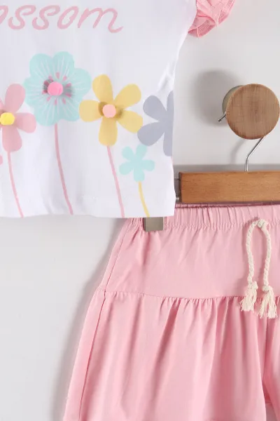 Pembe (0-4 Yaş ) Çiçek Baskılı Koldan Fırfırlı Şortlu Süprem Kız Çocuk Yazlık Takım 457628