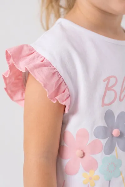 Pembe (0-4 Yaş ) Çiçek Baskılı Koldan Fırfırlı Şortlu Süprem Kız Çocuk Yazlık Takım 457628