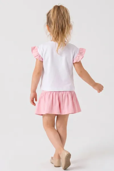 Pembe (0-4 Yaş ) Çiçek Baskılı Koldan Fırfırlı Şortlu Süprem Kız Çocuk Yazlık Takım 457628