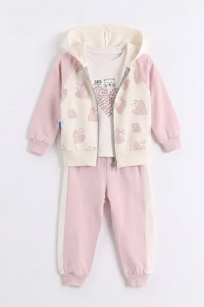Pembe (0-4 Yaş) Kalp Baskılı Kapüşonlu Fermuarlı Hırkalı Kız Çocuk 2 İp 3'lü Takım 471477