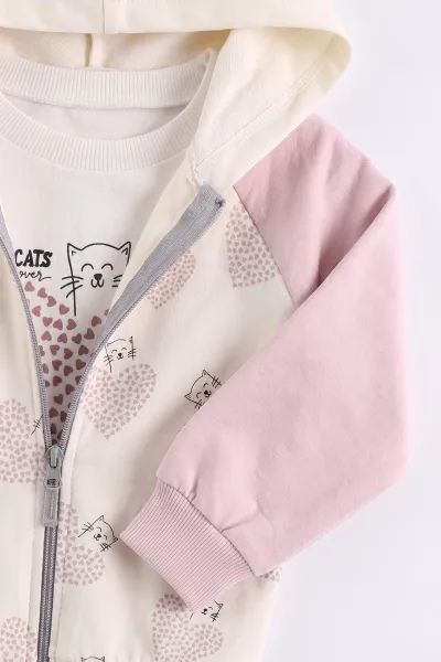 Pembe (0-4 Yaş) Kalp Baskılı Kapüşonlu Fermuarlı Hırkalı Kız Çocuk 2 İp 3'lü Takım 471477