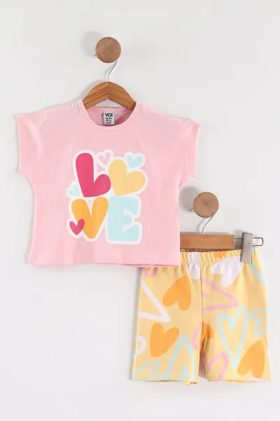 Pembe (0-4 Yaş) Love Baskılı Tişörtlü Desenli Şortlu Süprem Kız Çocuk Yazlık Takım 461135