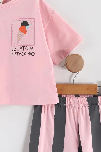 Pembe (0-4 Yaş) Taşlı Dondurma Baskılı Çizgili Şortlu Kız Çocuk Yazlık Takım 459699