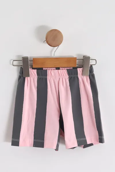 Pembe (0-4 Yaş) Taşlı Dondurma Baskılı Çizgili Şortlu Kız Çocuk Yazlık Takım 459699