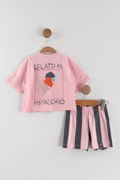 Pembe (0-4 Yaş) Taşlı Dondurma Baskılı Çizgili Şortlu Kız Çocuk Yazlık Takım 459699