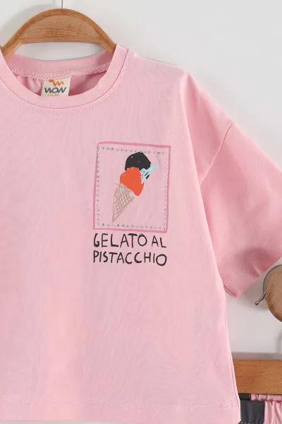 Pembe (0-4 Yaş) Taşlı Dondurma Baskılı Çizgili Şortlu Kız Çocuk Yazlık Takım 459699