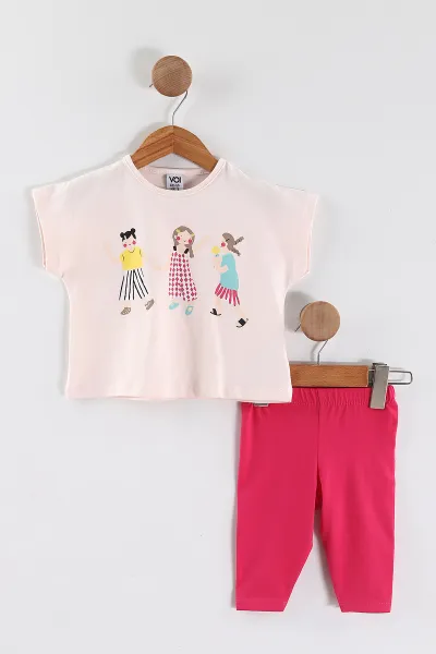 Pembe (0-4 Yaş)3 Arkadaş Baskılı Tişörtlü Taytlı Kız Çocuk Yazlık Takım 456233