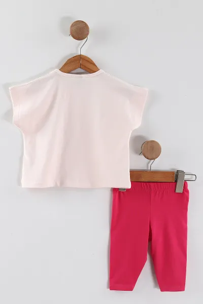 Pembe (0-4 Yaş)3 Arkadaş Baskılı Tişörtlü Taytlı Kız Çocuk Yazlık Takım 456233
