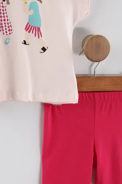 Pembe (0-4 Yaş)3 Arkadaş Baskılı Tişörtlü Taytlı Kız Çocuk Yazlık Takım 456233