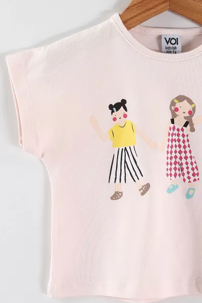 Pembe (0-4 Yaş)3 Arkadaş Baskılı Tişörtlü Taytlı Kız Çocuk Yazlık Takım 456233