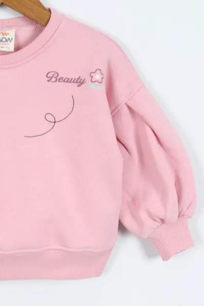 Pembe (0-4 Yaş)Çiçek Nakışlı Baskılı  3 İp Şardonlu Kız Çocuk Sweatshirt 417582
