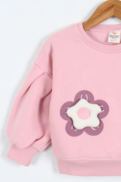 Pembe (0-4 Yaş)Çiçek Nakışlı Baskılı  3 İp Şardonlu Kız Çocuk Sweatshirt 417582