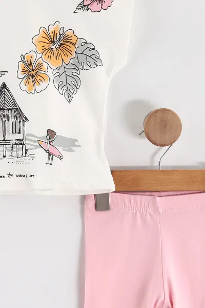 Pembe (0-4 Yaş)Palmiye Baskılı Taytlı Kız Çocuk Yazlık Takım 459820