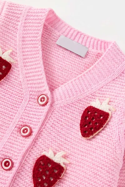 Pembe (0-5 Yaş) Çilek Nakışlı Düğmeli Kız Çocuk Hırka 474408
