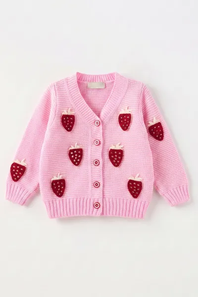 Pembe (0-5 Yaş) Çilek Nakışlı Düğmeli Kız Çocuk Hırka 474408