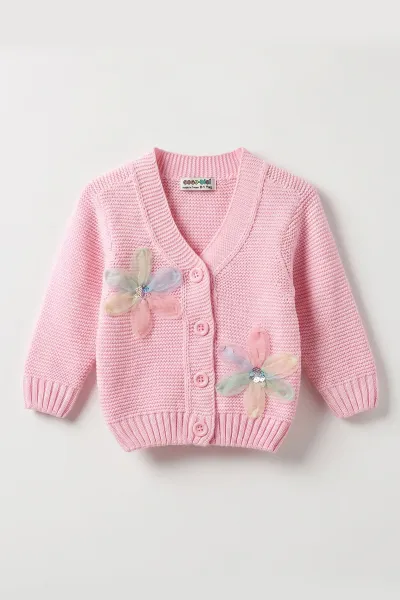 Pembe (0-5 Yaş) Düğmeli Çiçekli Kız Çocuk Hırka 474228