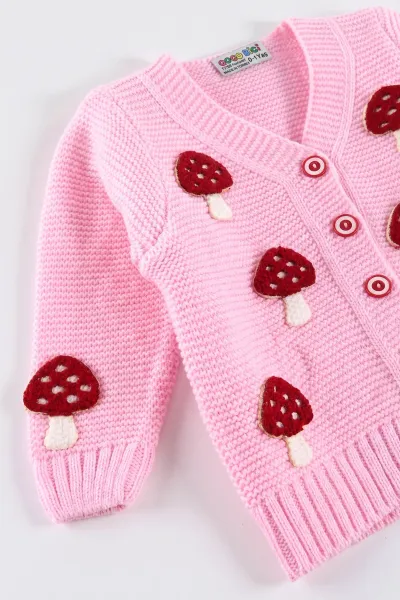Pembe (0-5 Yaş) Mantar Figürlü Düğmeli Kız Çocuk Hırka 474394