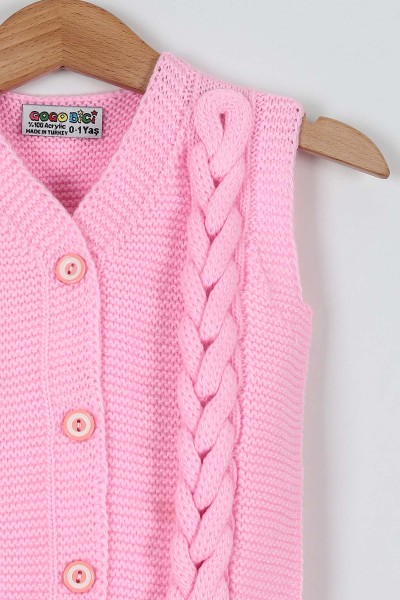 Pembe (0-5 Yaş) Örgülü Detaylı Düğmeli Kız Çocuk Hırka Yelek 197412