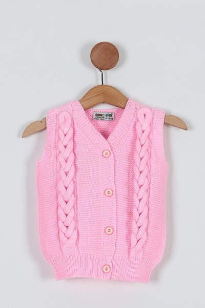 Pembe (0-5 Yaş) Örgülü Detaylı Düğmeli Kız Çocuk Hırka Yelek 197412